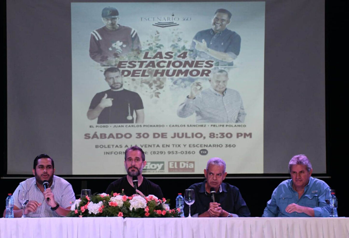 Fotografía principal los humoristas Juan Carlos Pichardo, Carlos Sánchez y Felipe Polanco, Boruga, acompañado del productor general Joaquín Geara
